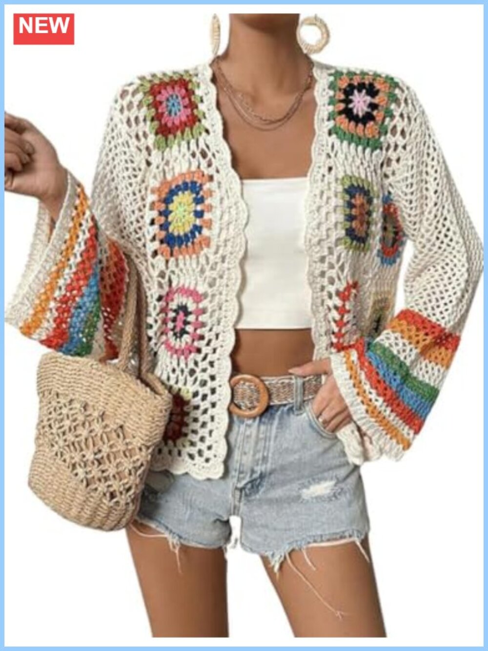 Crochet Cardigan Sweater Women Boho Open Front Long Sleeve Knit